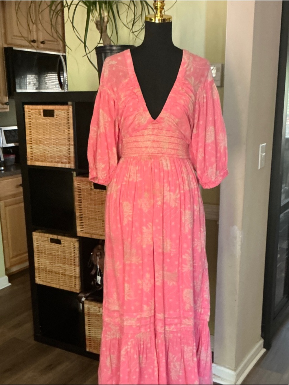 Free People boho print v-neck maxi dress in electro pink